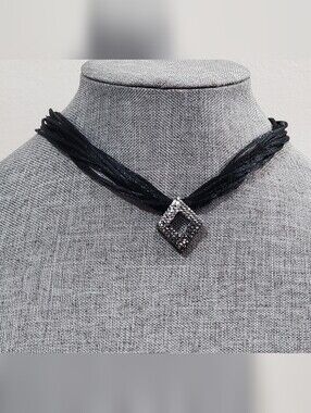 Vtg. Black Multi-Strand Crystal Marcasite Diamond Shape Pendant Necklace